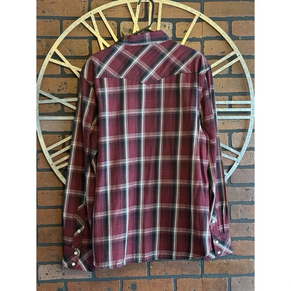 Men's True Religion Long Sleeve Plaid Pearl Snap Western Shirt Maroon Size XL